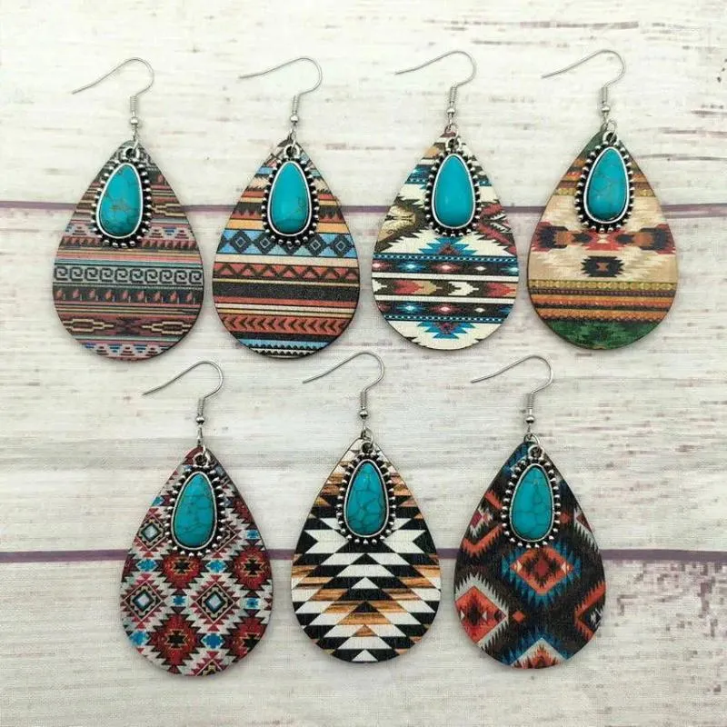 Dangle Earrings Vintage Turquoise Teardrop Aztec For Women 2024 Geometric Pattern Western Wood Boho Jewelry Wholesale