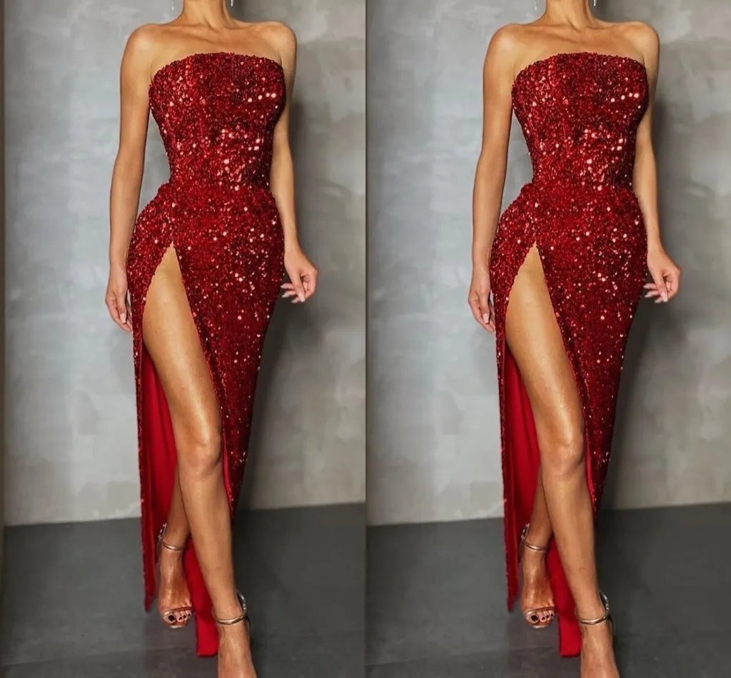 Robes de bal de gaine sexy rouge brillantes longues pour les femmes sans bretelles paillettes côté partage formel ocnS soirée d'anniversaire deuxième réception