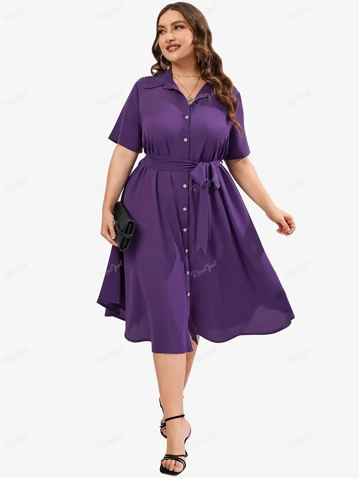 Dresses Rosegal Plus Size Pockets Belt Shirt Dress for Women Summer High Waist Short Sleeves Casual Midi Vestidos Aline Dresses Purple