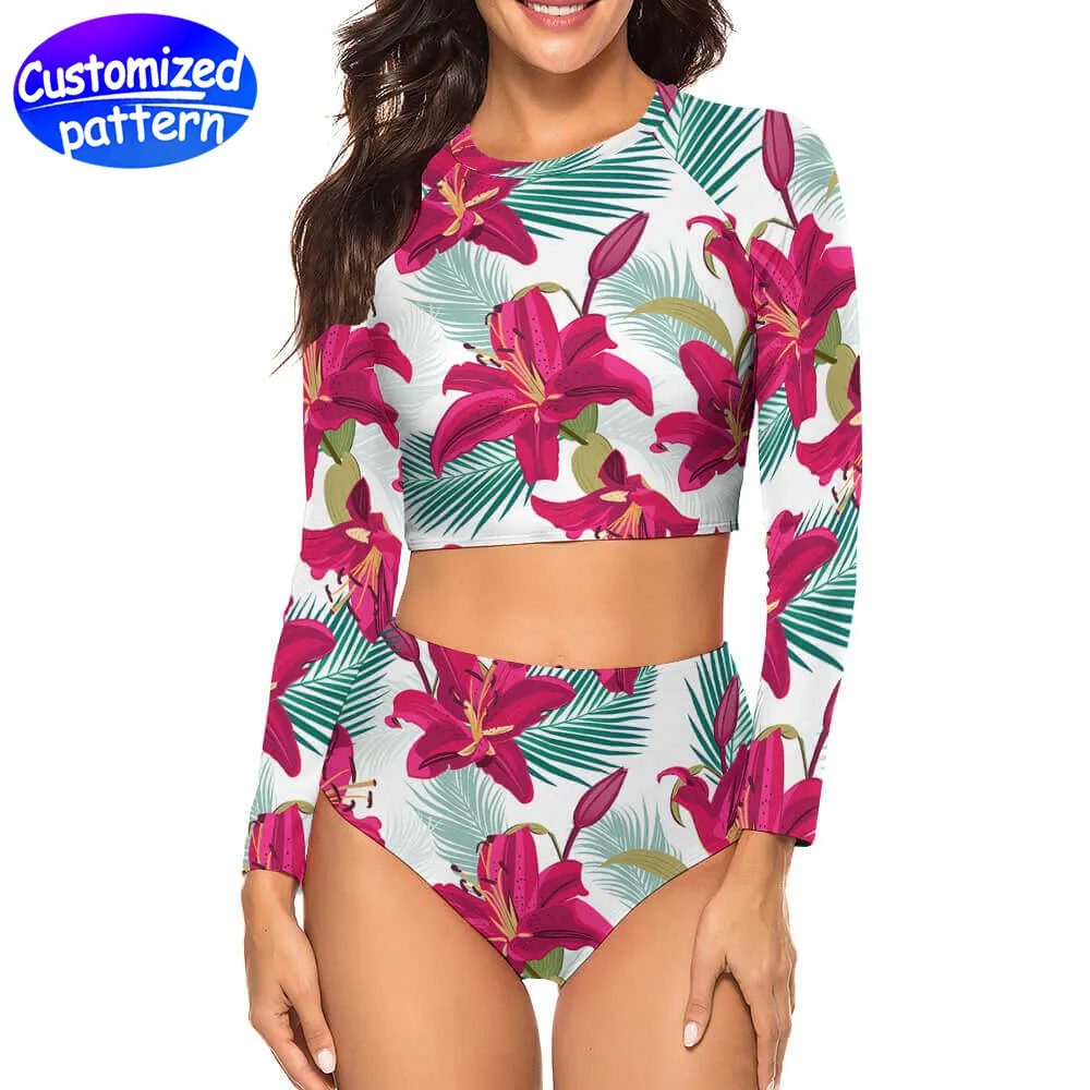 Maillot de bain bikini personnalisé Motif HD Haut à manches longues Bas de bikini triangle Coussin de poitrine amovible Confortable Séchage rapide 86 % polyester + 14 % élasthanne 266 g contraste de couleur