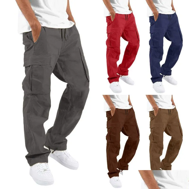 Men'S Pants Mens Cargo Pants Relaxed Fit Sport Jogger Sweatpants Dstring Outdoor Trousers With Pockets 2303292 Drop Delivery Apparel Dhehs