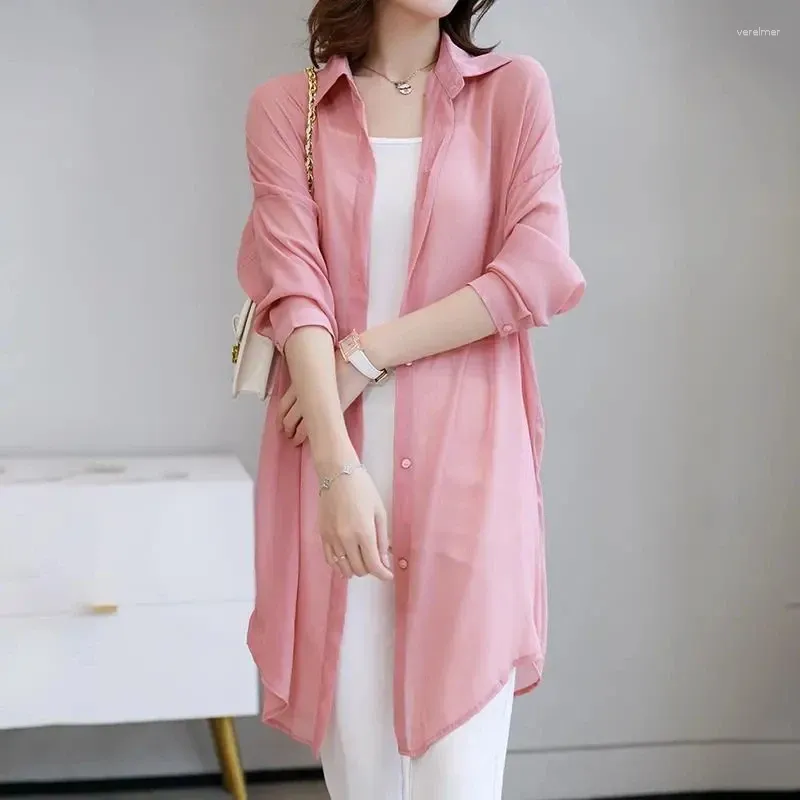 Women's Blouses 2024 Long Sleeve Overlay Shawl Mid Length Shirt Collar Coat Sunscreen Summer Thin Chiffon Cardigan