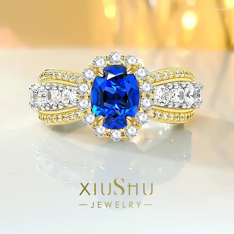 Кольца-кластеры, стерлинговое серебро 925 пробы, в форме яйца, набор синих колец-сокровищ с высокоуглеродистыми бриллиантами, элегантный дизайн, универсальный для женщин
