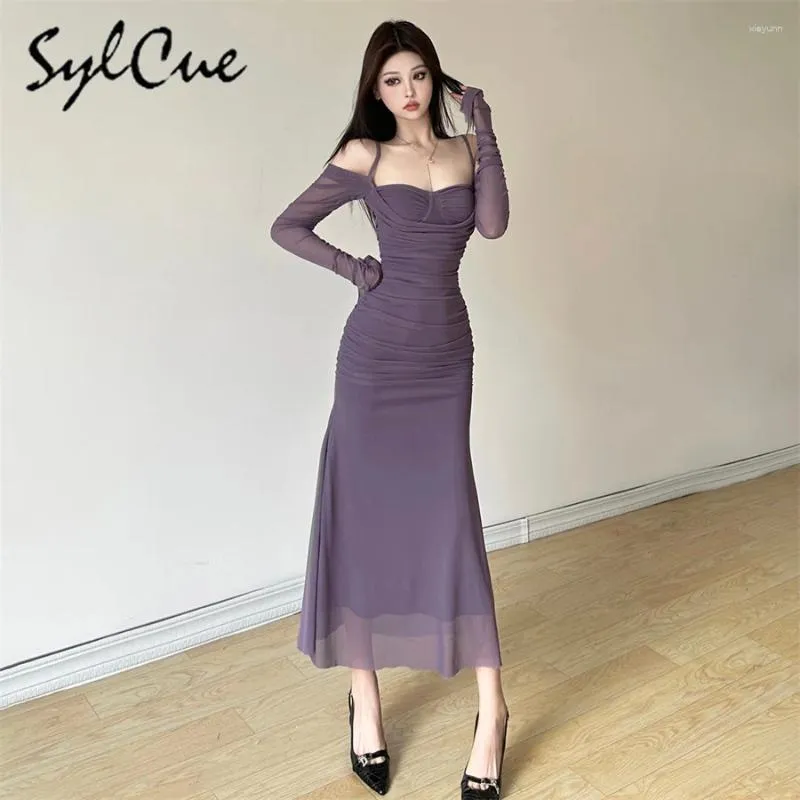 Casual Dresses Sylcue Winter Sisters Party Elegant Mature Demure Gentle Sexy Sweet Women's Solid Color Simple Long Sleeve Shoulder Dress