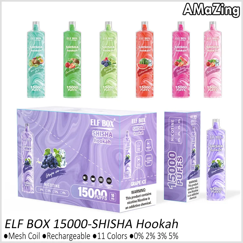 Original Elf Box Shisha Hookah 15000 Puffs engångsvapet Vape Bar Kit Puff 15K uppladdningsbart nätspole E -cigaretter 0% 2% 3% 5% 11 smaker Ny design Vaper