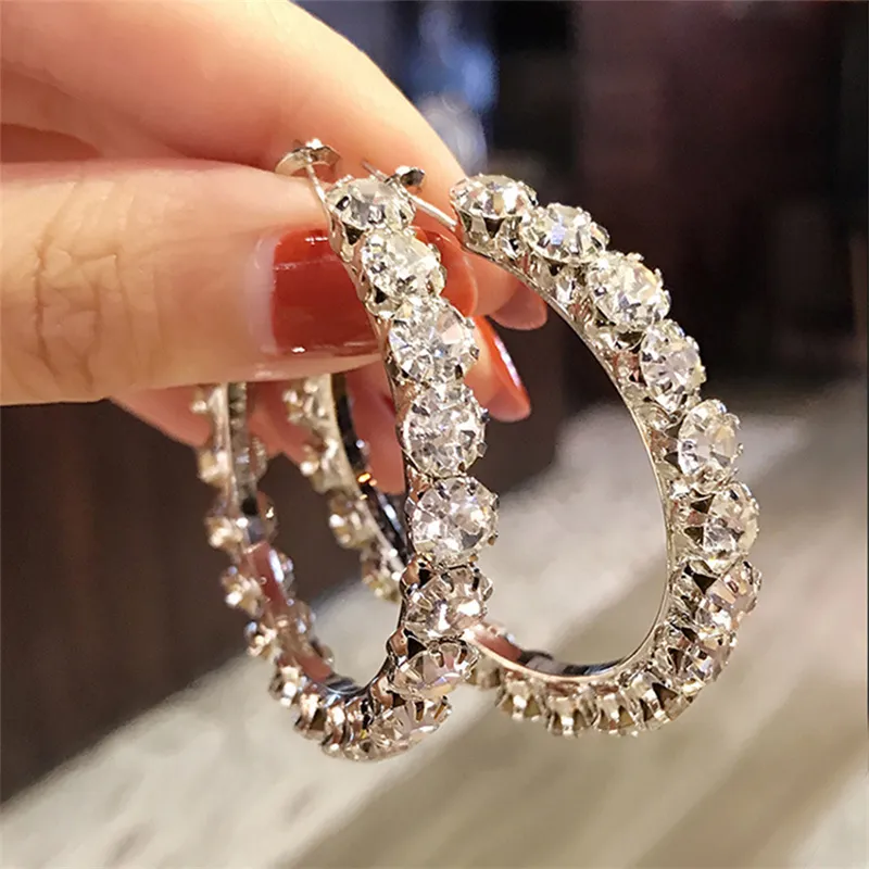 Exaggerated Stone Crystal Hoop Earrings For Women Luxury CZ Zircon Big Circle Earring Street Nightclub Jewelry