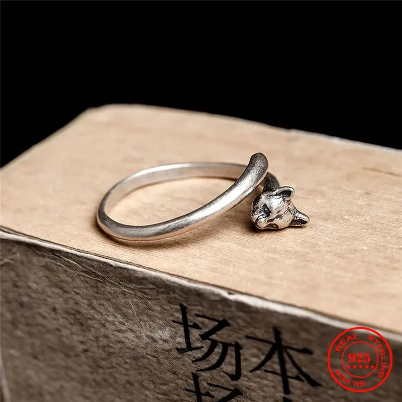 Ringe MKENDN Gothic Stil Vintage Echt 925 Sterling Silber Katze Ring Frauen Einstellbare Finger Schmuck Punk Dark Geschenke