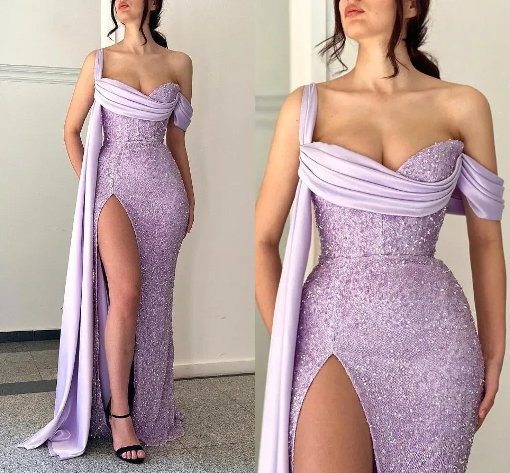 Sexy Lilac High Thigh Split Evening Dresses With Pleats Ruffles Train Sweetheart Sequins Beads Long Women Ocn Prom Party Gown Bc16734