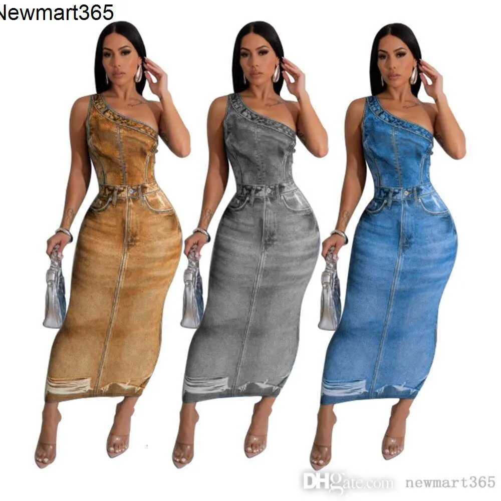 Womens Dress Designer 2024 Nieuwe Mode Slanke Sexy 3D Gedrukt Diagonale Schoudertas Hippe Rok