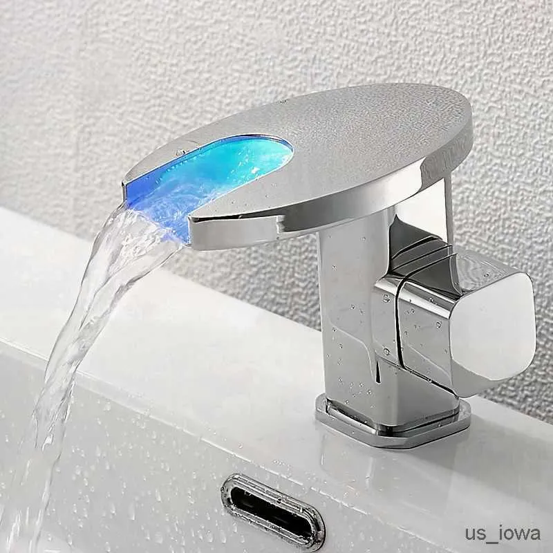 Bathroom Sink Faucets LED Waterfall Brass Bathroom Basin Faucet Cold Hot Mixer Crane Sink Tap Black Color Change Powered by Water Flow