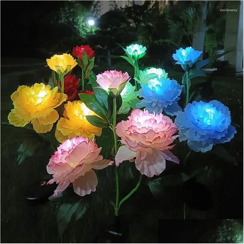 Lâmpadas de gramado LED luz solar 3 cabeças peônia simation flores lâmpada para jardim ao ar livre parterre quintal pátio decoração feriado drop d h6ut