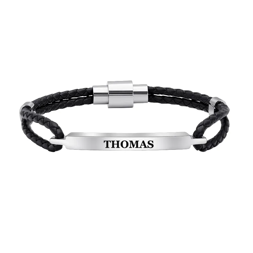 Bracelets personnalisés en acier inoxydable pour hommes, en cuir, avec nom personnalisé, cadeau pour petit ami et père