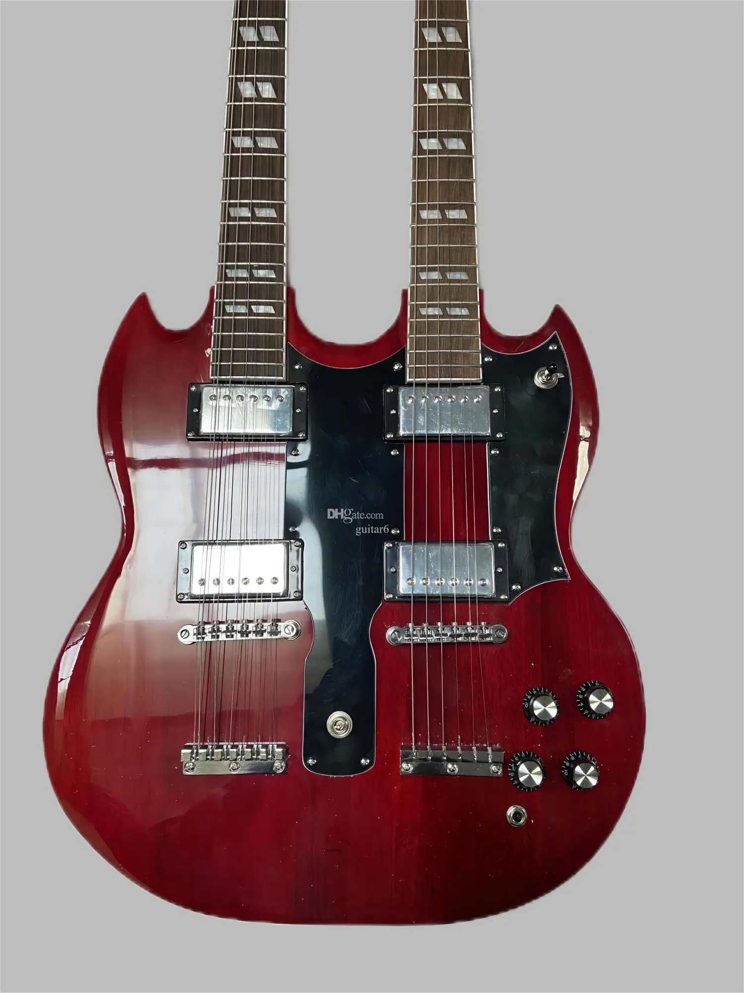 Dwułowe gitara elektryczna, 6-strunowa + 12-strunowa, mahoniowe przezroczyste czerwone nadwozie, kaset + nabój z podwójnym otwarciem, płaski