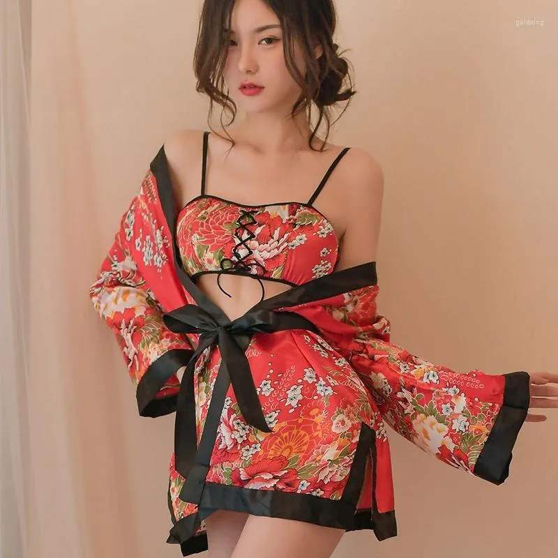 Ethnic Clothing Red Sexy Japanese Kimono Cosplay Printing Bathrobe Pajama Kawaii Women's Three Point Uniform Robe Nightdress Bra Panties Set