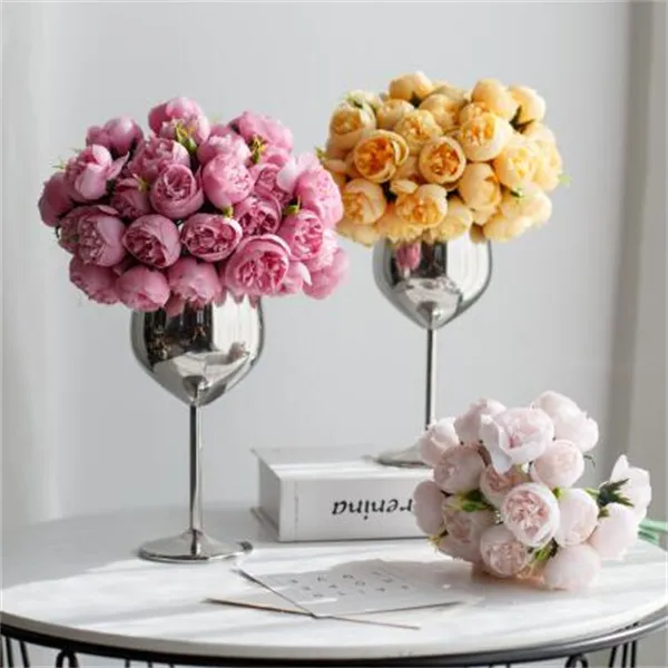 Silkblommor Peony Artificial Flowers Rose Bouquet 27 Heads Table Flower Arrangement Bruden Wedding Home Decoration Fake Flower