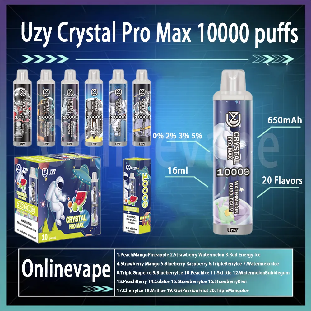 Original UZY Crystal Pro Max 10000 Puff Descartáveis E Cigarros 1.2ohm Malha Bobina 16ml Pod Bateria Recarregável Eletrônico Cigs Puff 10K 0% 2% 3% 5% RBG Light Vape Pen