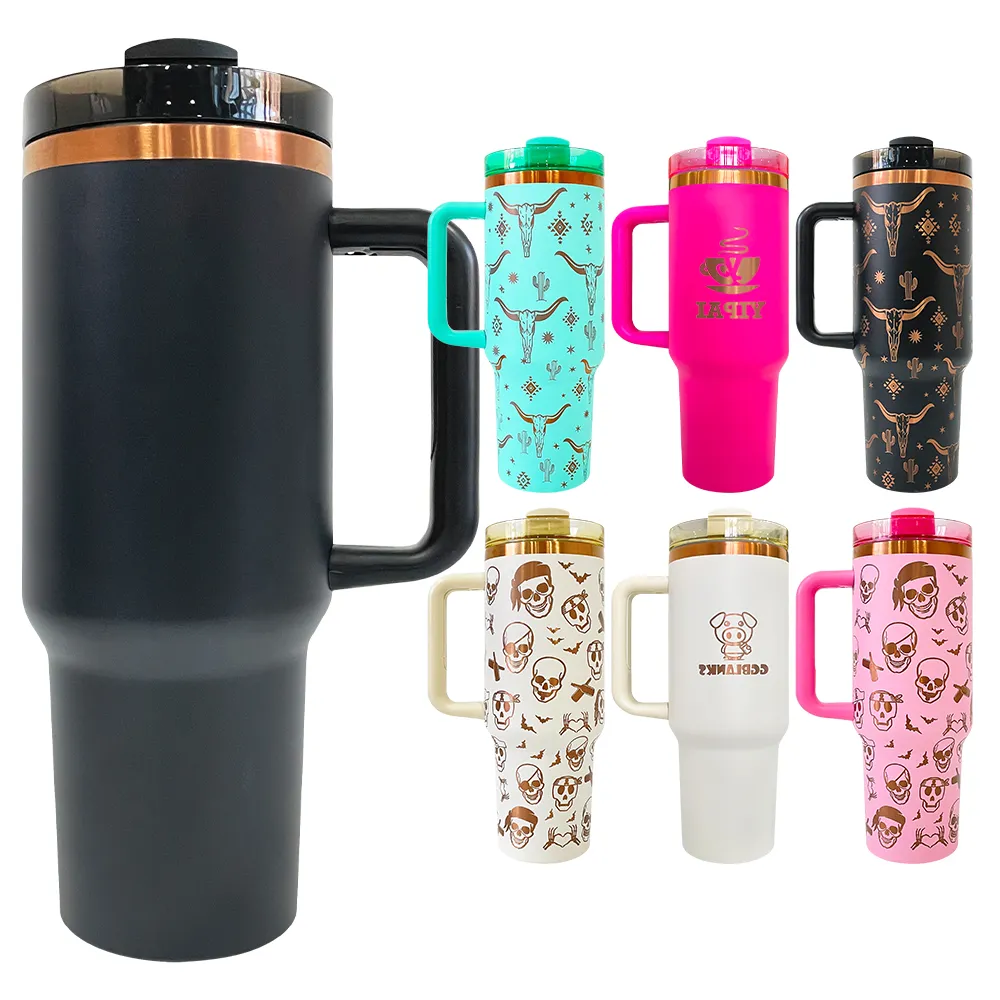 USA warehouse 40oz powder coated laser engraved copper underneath cream and black insulated Quencher tumbler outdoor water bottles travel mugs with straw and lid