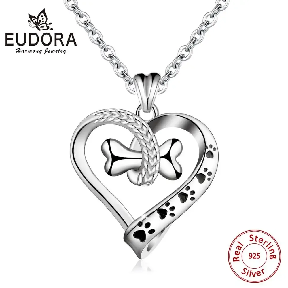 Pendants Eudora 925 Sterling Silver animal Pet Dog Cat Footprint & Bone Pendant heart Necklace Women Fine Jewelry For Girl best gift D105