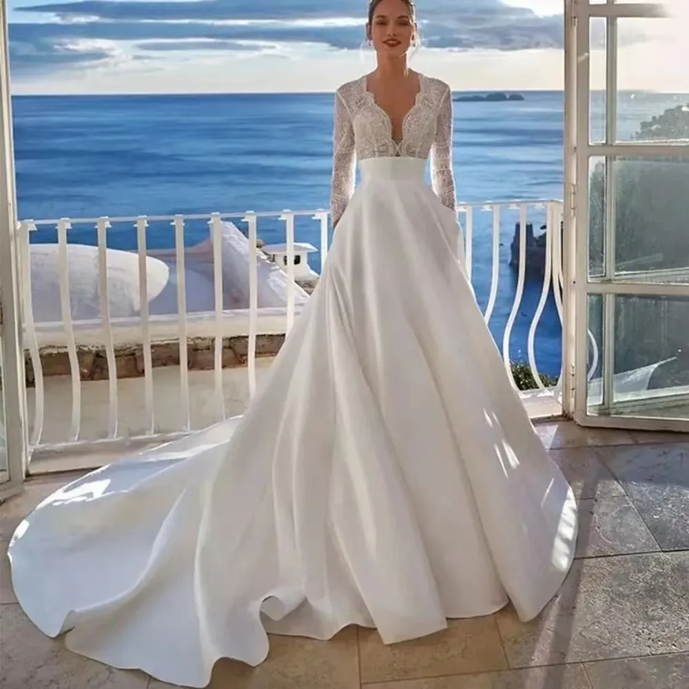 Линия милая кружевная с длинные рукава атласное платье шнурки плюс свадебные платья для свадьбы плать