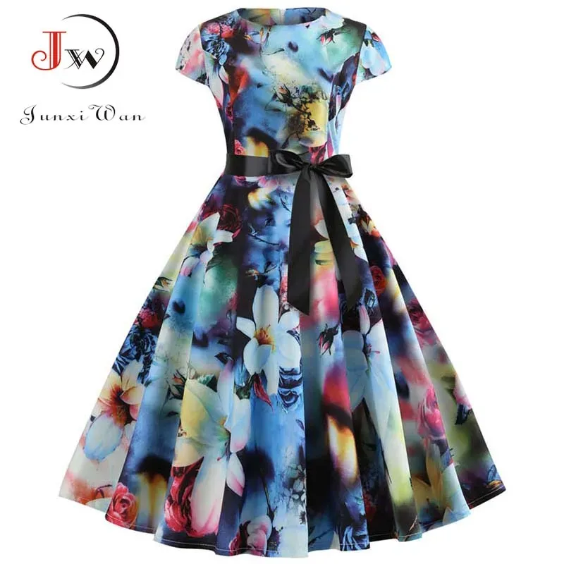 ドレス女性ヴィンテージドレス夏の花柄のプリント半袖ドレス