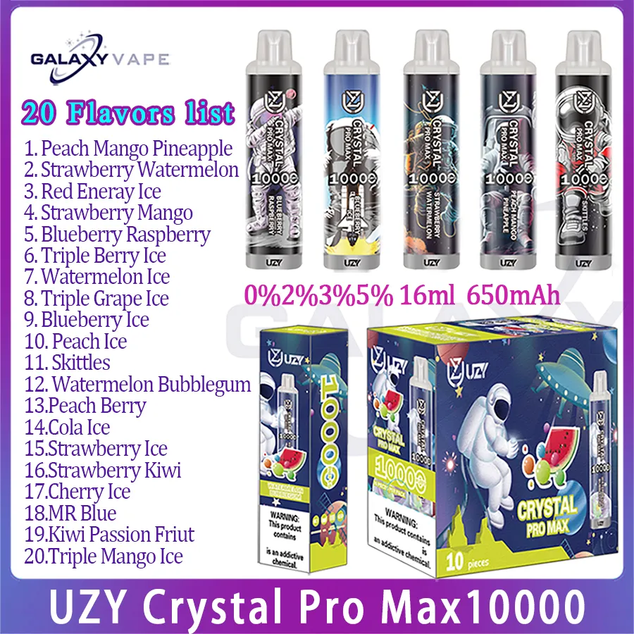 Autentyczny Uzy Crystal Pro Max 10000 Puff E papieros 650MAH Bateria do ładowania 16 ml wstępnie wypełniona podmuchy dupa Vape 10k 20 Smaków