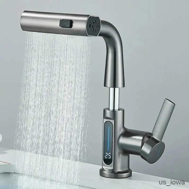  Banyo Lavabo muslukları Sıcaklık Dijital Ekran Havza Musluğu Banyo için Çekin Şelale Akışı 3 Yol Püskürtücü Sıcak Soğuk Su Lavabo Mikser Yıkama Musluk