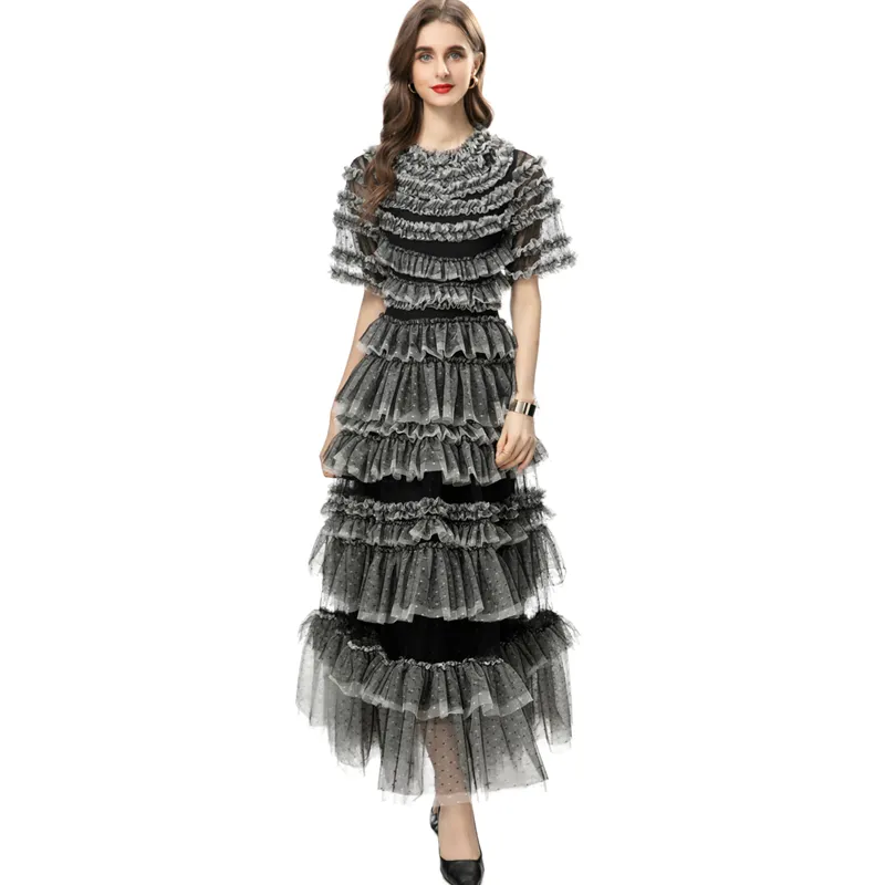 Women's Runway Dresses O Neck Short Sleeves Sexy Tulle Laid Over Tiered Ruffles Dots Printed Elegant Designer Party Prom