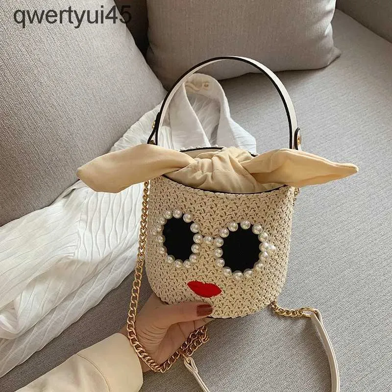 Shoulder Bags Glasses Red Lips Grass Woven andbag Fasionable Raan Woven andbag Cute Cartoon Bucket Woven BagH24220