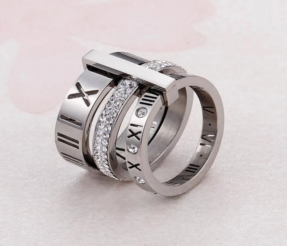Rhinestone Rings For band Women Stainless Steel Rose Gold Roman Numerals Finger Femme Wedding Engagement Jewelry6933663