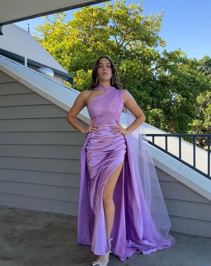 Luxury Purple Mermaid Prom Dresses One Shoulder Beadings Satin High Side Split Formal Wear Evening Party Gowns Birthday Pageant Special Occasion Gowns Custom