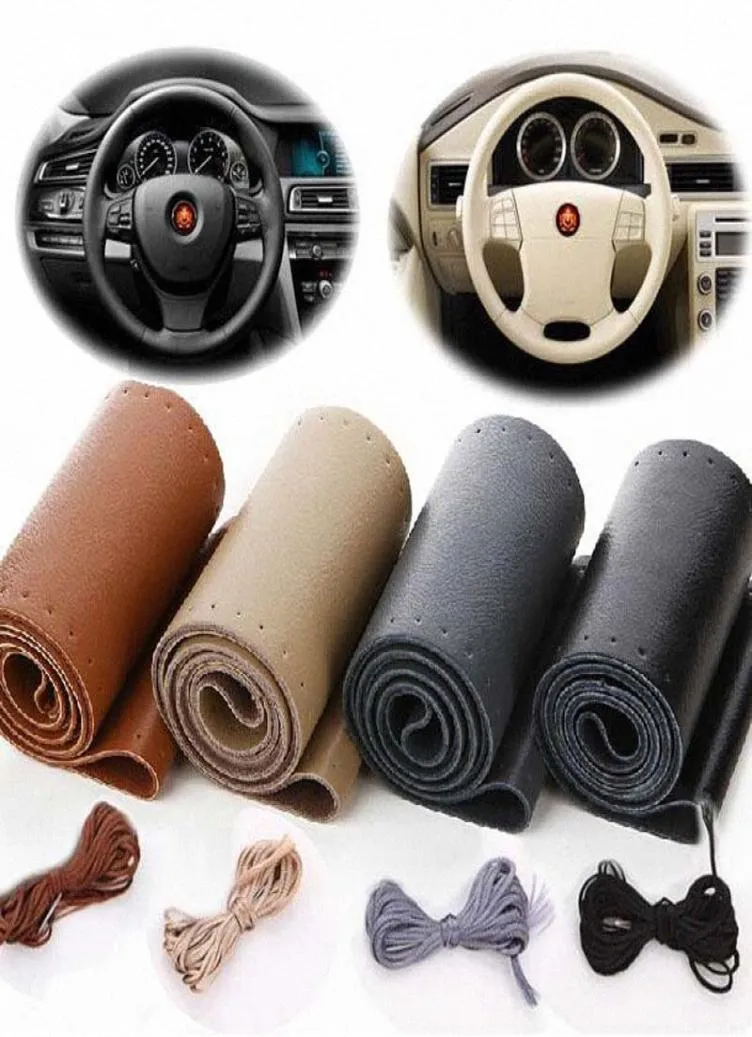 Real Cowhide Leather Steering Wheel Cover With Needles Thread DIY Black Hand Sewing Genuine Leathers Wrap Shippin zLRS5604544