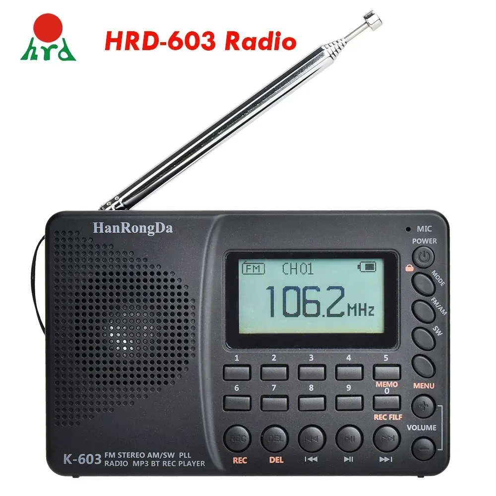 Radio HRD603 Portabel radioficka AM/FM/SW/BT/TF Pocket Radios USB Mp3 Digital Recorder Support TF Card Bluetooth Present för åldern