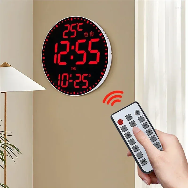 Wall Clocks RGB Perpetual Calendar Digital Round Clock With Remote Control Temperature Date Time Week Hanging Electronic Alarm