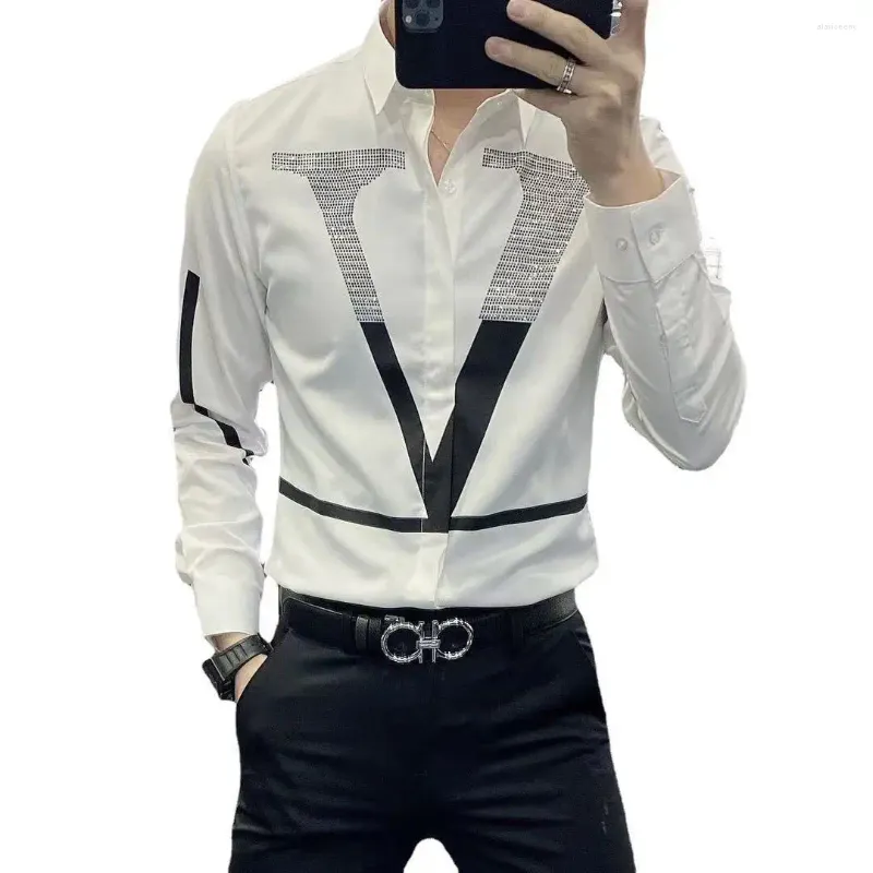 Camisas de vestido masculinas 2024 luxo manga longa negócios casual camisa 3d strass carta magro ajuste rua vestuário social boate