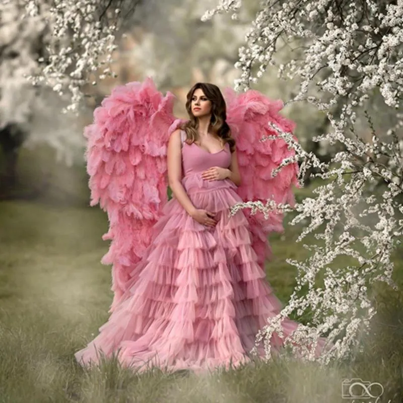 Swobodne sukienki ładne różowe różowe falbany tiul ciążowy na Pogogę elegancka bez rękawów długa siatka ciąża