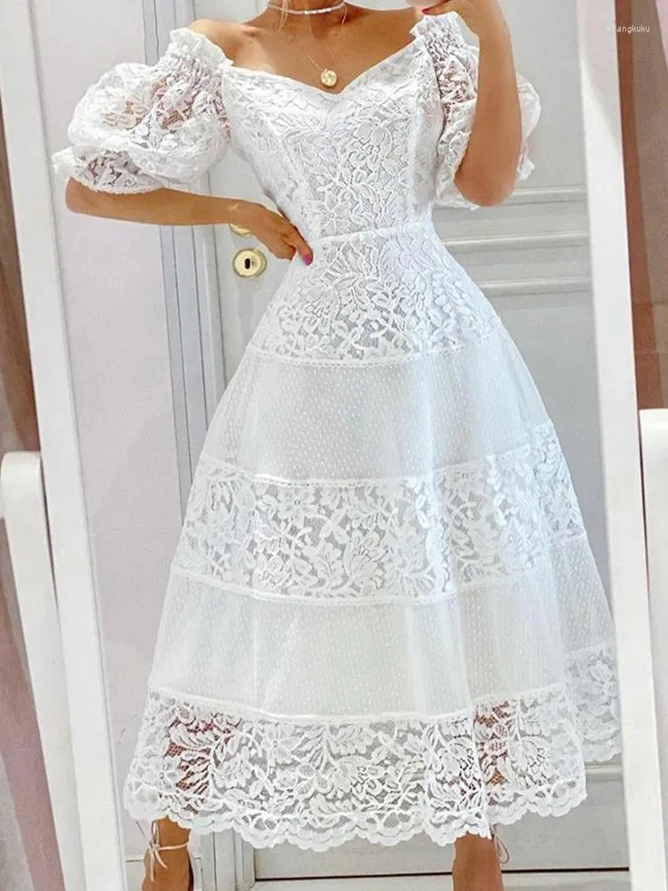 Party Dresses White Floral Print Dress Women Summer Elegant Puff Sleeve Slash Neck Lace Stitching Slim Prom Wedding Long