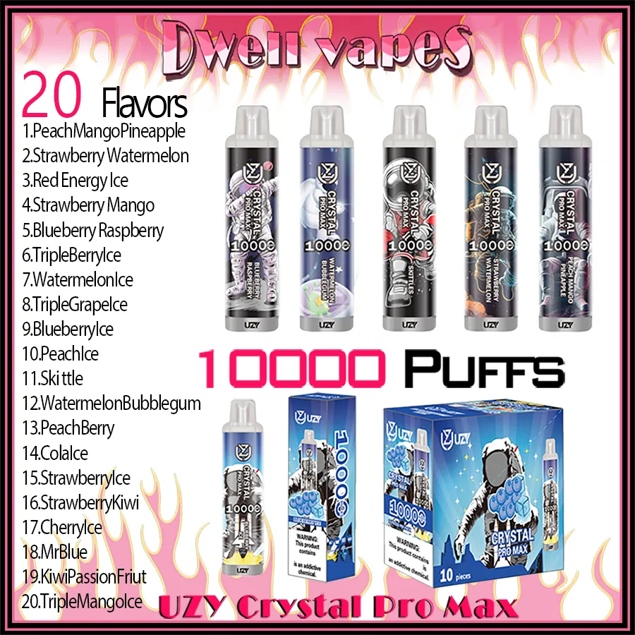 Uzy Crystal Pro Max 10000 Puff Disposable E Cigaretter 1.2Ohm Mesh Coil 16 ML POD Battery laddningsbara elektroniska cigs Puff 10K 0% 2% 3% 5% VAPE PEN Source Manufacturer