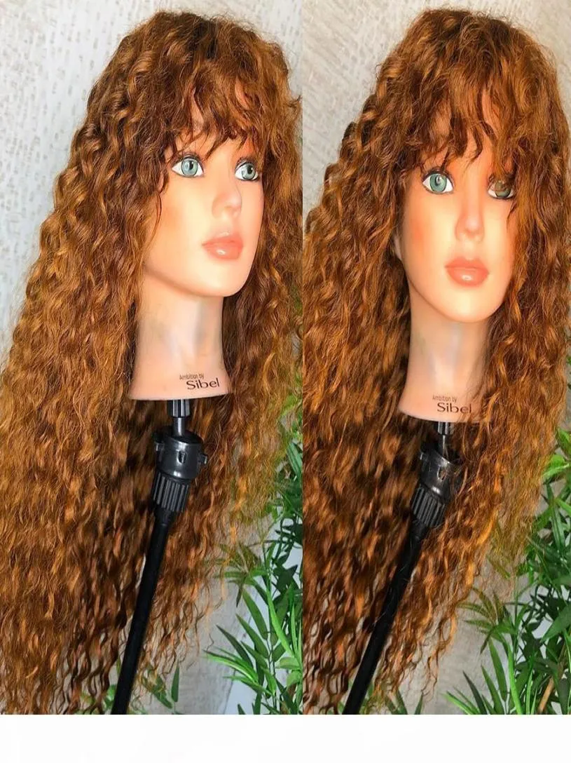 Loira encaracolado 13x6 frente do laço perucas de cabelo humano com cabelo do bebê brasileiro perucas cheias do laço com bang para preto feminino natural hairline8953490