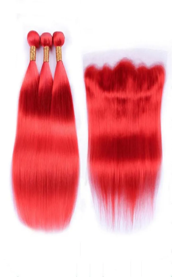 Capelli umani vergini brasiliani rossi puri intrecciati con chiusura frontale Frontale in pizzo pieno rosso serico colorato dritto 13x4 con 3 pacchi 2511310