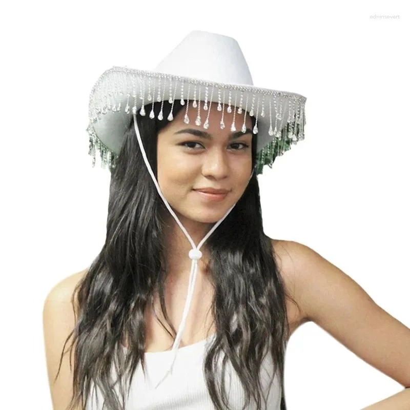 Boinas Sombrero de copa de ala ancha blanca para vaquero con flecos de diamantes de imitación y parte con cordón ajustable