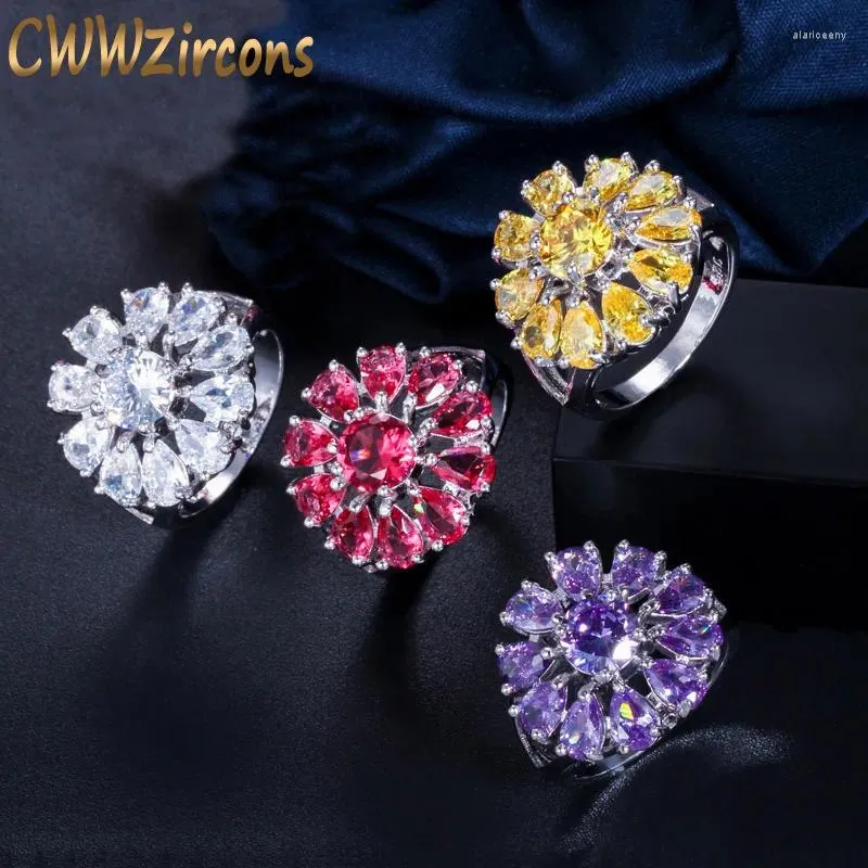 Cluster Anelli CWWZircons Luxury Cubic Zirconia Colore oro bianco Big Sun Flower Anello per feste per le donne Gioielli di fidanzamento R084