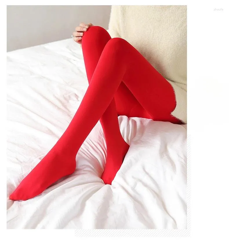 Women Socks Thermal Pantyhose Woman Fleece Tights Sexy Winter Warm Solid Red Stockings Slim Thicken Elastic Velvet Female Leggings