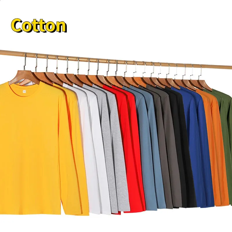 Spring Men Cotton Long Sleeve TShirt Pure Color Casual Tee Shirts Tunics Mens Clothing200300g 240219