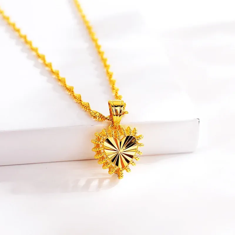 Colares forma de coração 24k ouro amarelo pingente colar para mulheres clavícula cubana link corrente colar de ouro dia dos namorados jóias finas presente