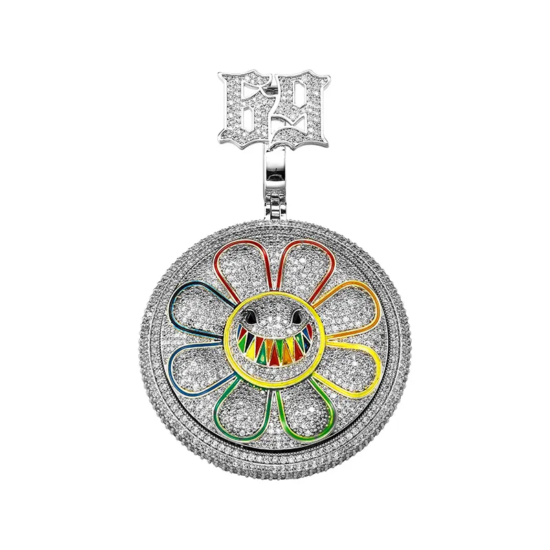 S925 Silber europäischer und amerikanischer Hip Hop bunter Ölblüten-Anhänger mit lächelndem Gesicht voller Diamant-Mosang-Stein, modische Halsketten-Accessoires für Männer und Frauen