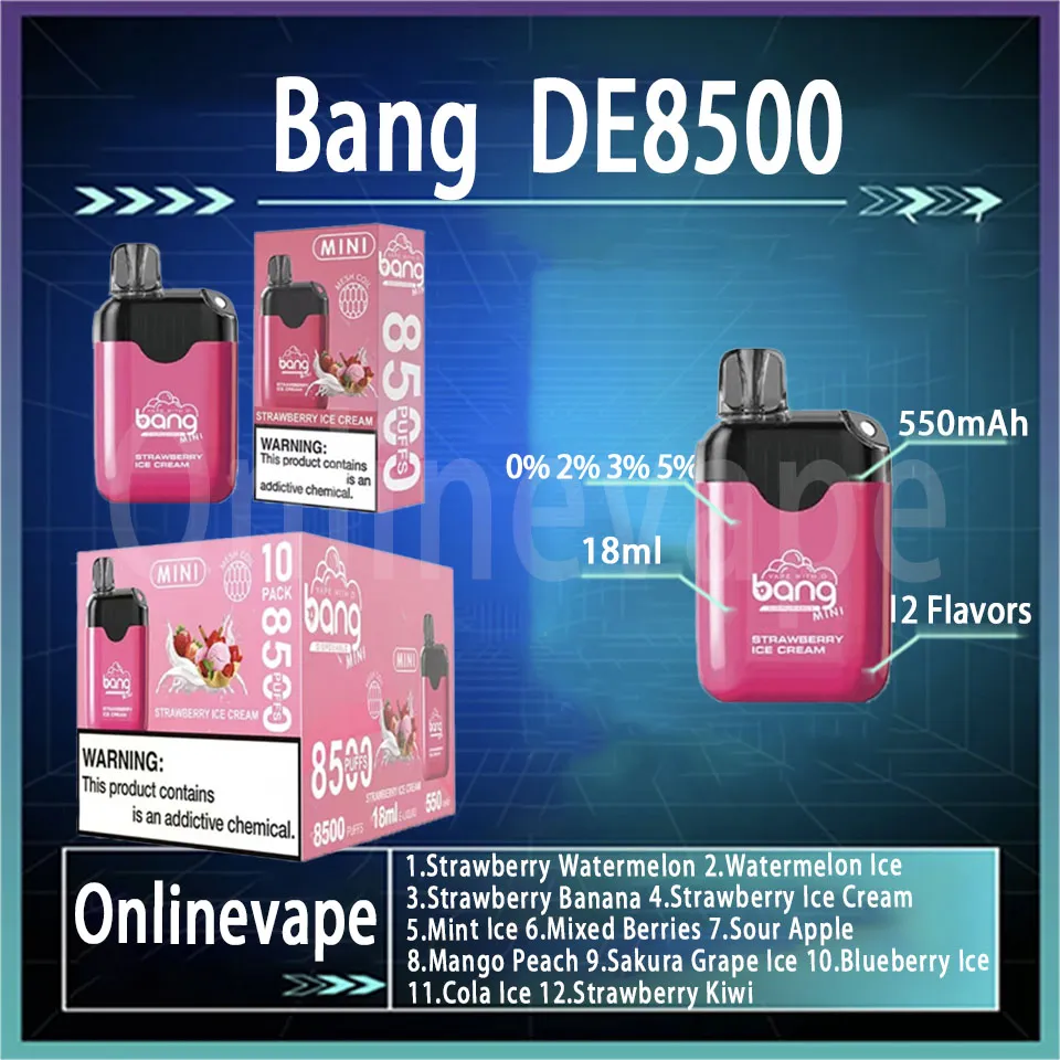 Bestverkochte Bang DE 8500 Puff Vape Kit Oplaadbare wegwerp vape-doos Mesh Coil 12 smaken 0% 2% 3% 5% 550 mAh batterij 18 ml Voorgeladen winkelwagendampen DE