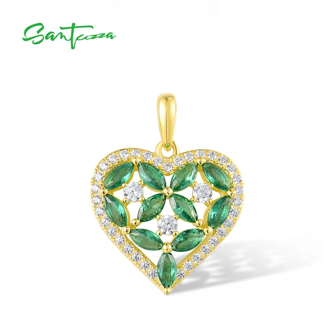 Pendants SANTUZZA Pure 925 Sterling Silver Pendant for Women Sparkling White CZ Green Spinel Love Heart Pendant Sweety Party Fine Jewelry