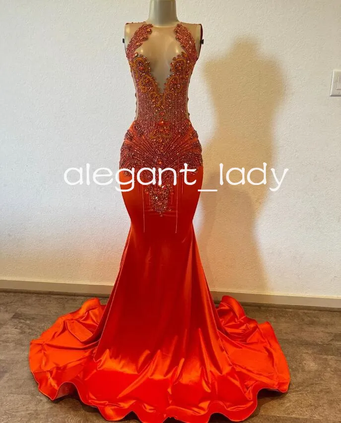 Orange Red Sparkly Trumpet Evening Gala Dresses for Women Luxury Diamond Tassel Afrian Prom Party Gown robes de soiree