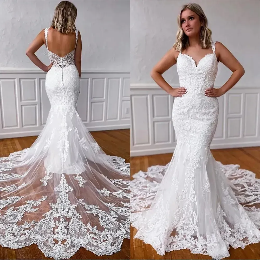 Magnifique dentelle sirène robes de mariée robe de mariée bretelles spaghetti appliques balayage train boutons couverts sur mesure plus la taille robe de