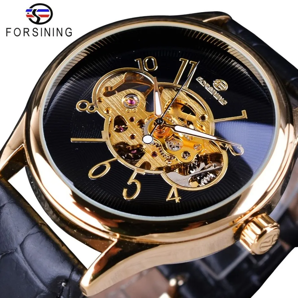 Forsining clássico criativo esqueleto design caso dourado transparente trabalho aberto relógio masculino marca superior de luxo relógio de pulso mecânico311s